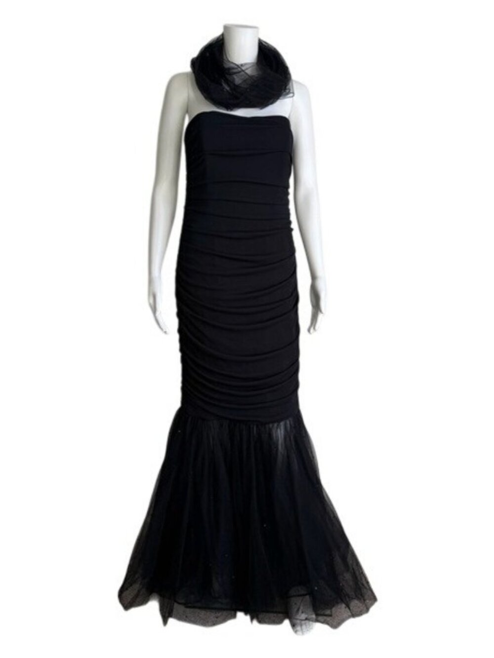 Kay Unger New York Strapless Ruched Mermaid Gown with Tulle Wrap โ Size 8